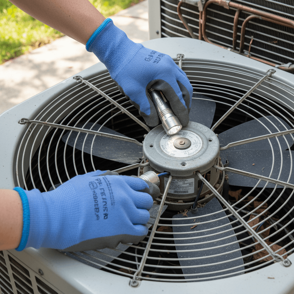 Close-up of AC fan motor being inspected