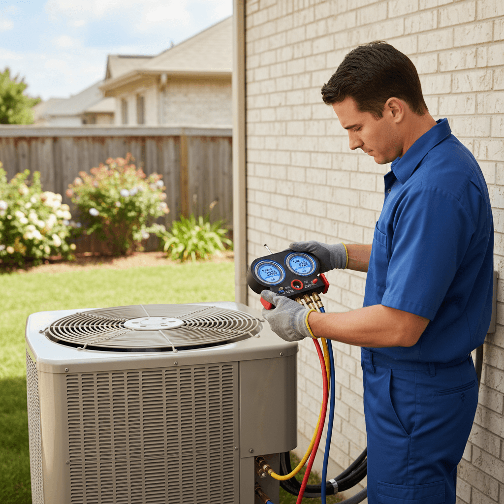 HVAC tech checking refrigerant pressure on an AC unit