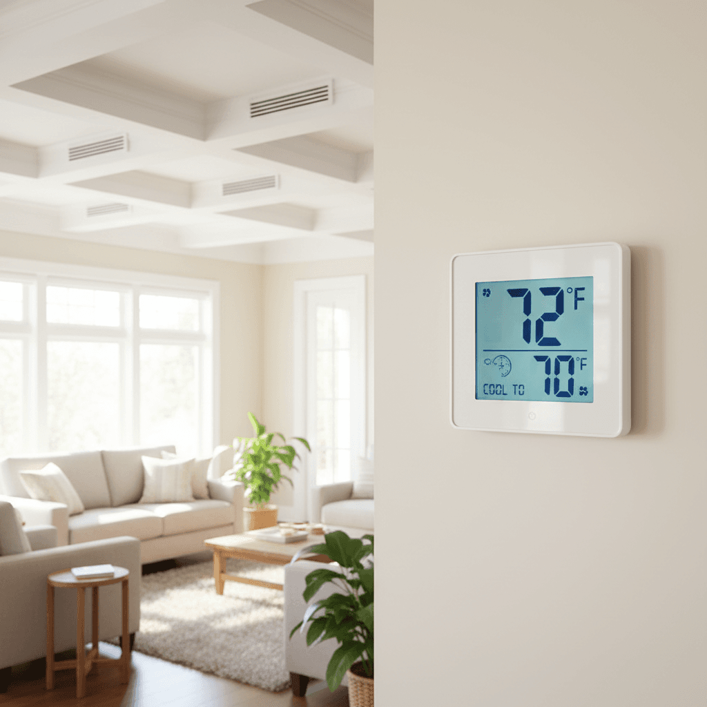 Thermostat in a living room with visible ceiling vents